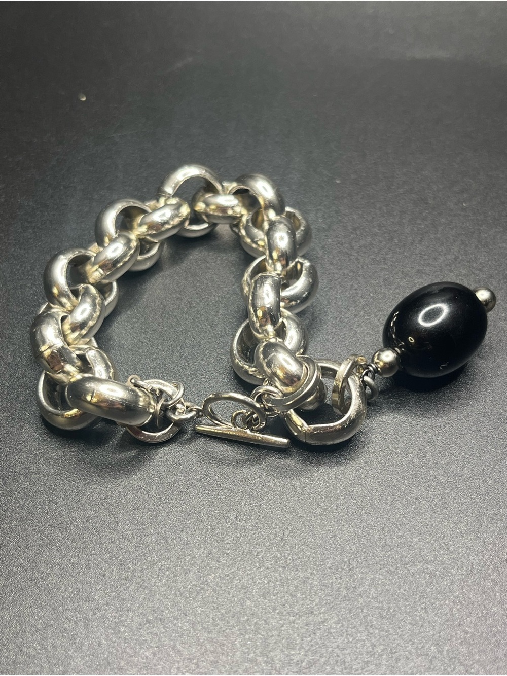 FUDA Italy Silver Tone Chunky Link Bracelet Black Bead Charm